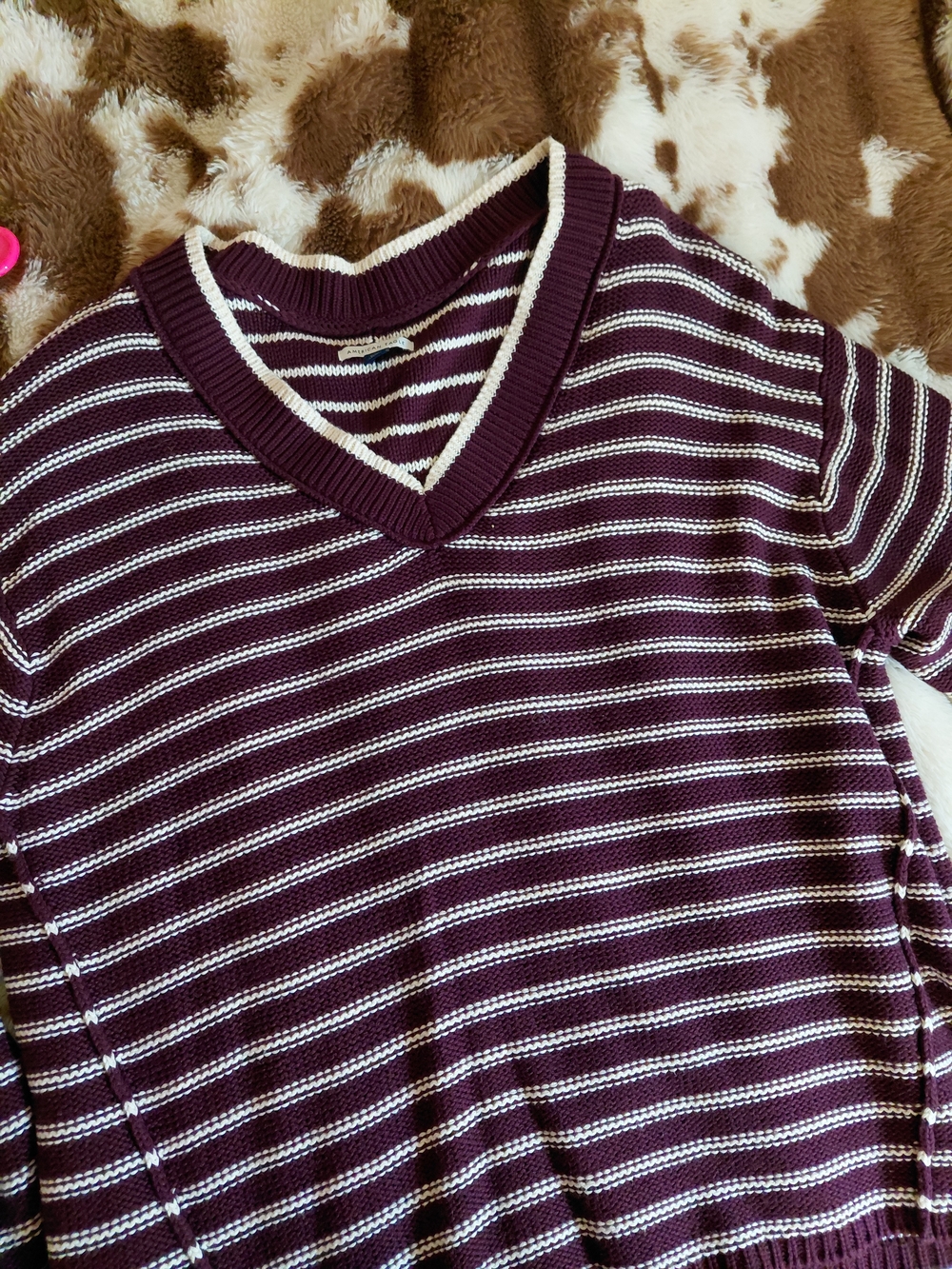 American Eagle Outfitters Striped V-Neck Sweater in Burgundy and Cream